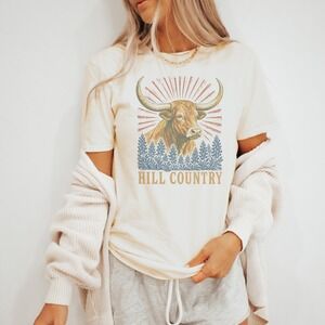 Hill Country Horned Bovine Graphic Tee Vintage Woodcut Style